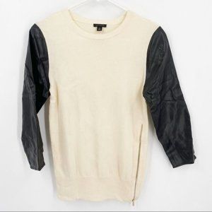 Ann Taylor XS Cream Sweater with Black Faux Leather Sleeves Zipper Accent